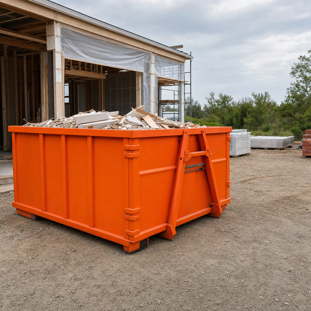 Bright safety-orange roll-off dumpster at an active construction and renovation jobsite